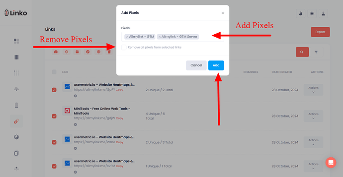 Add or remove pixels from shortened links in bulk