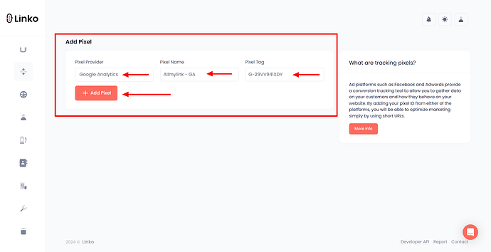 Adding Google Analytics ID to the Linko account..