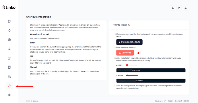 Getting Linko shortcuts integration